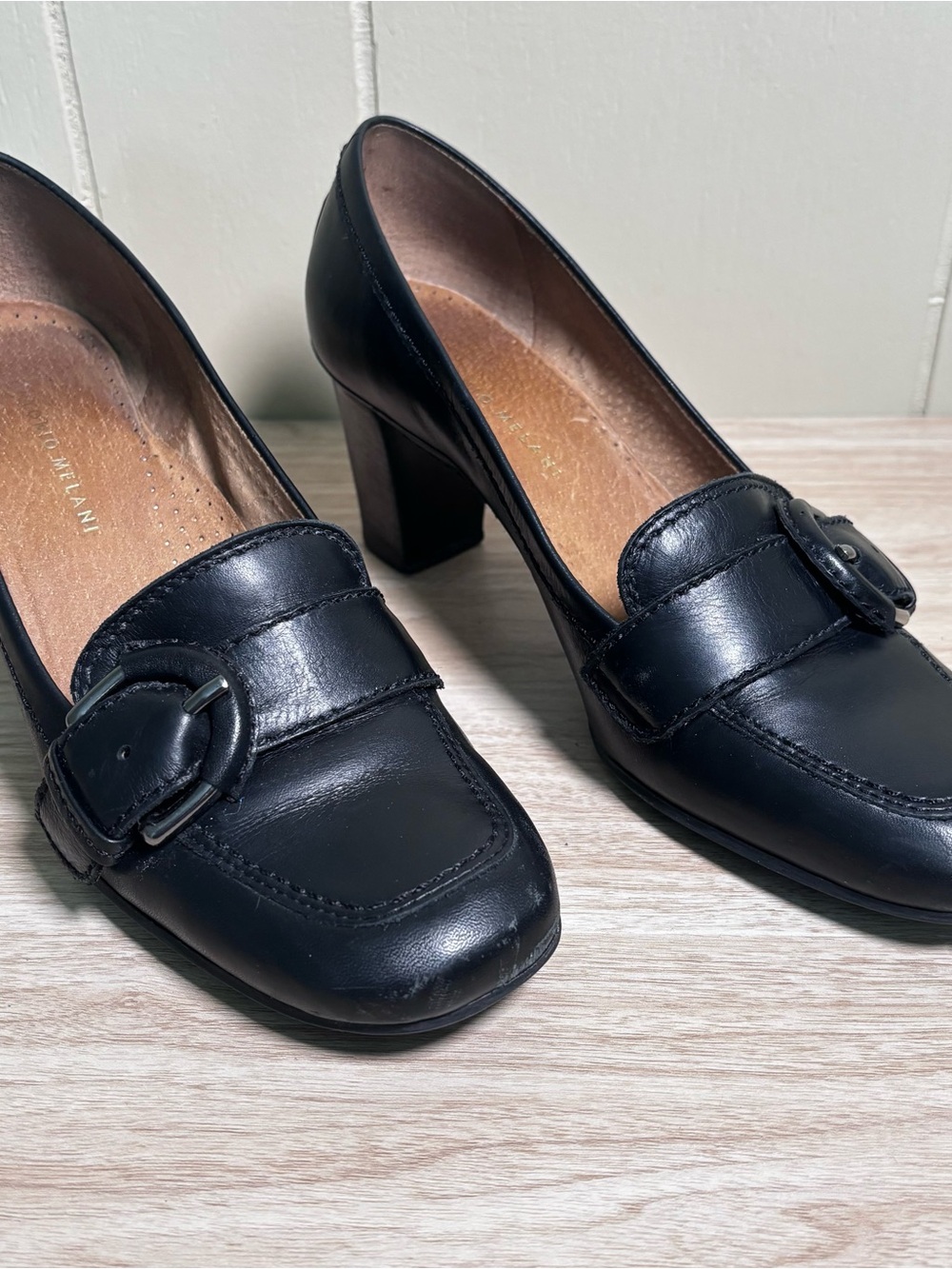 ANTONIO MELANI Black Leather Buckle Block Heel Pumps